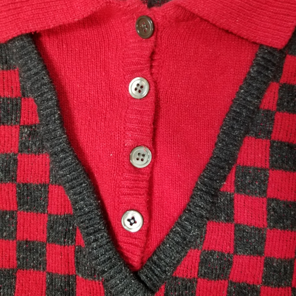 Vintage Red and Gray Check Print Cropped Collared Sweater By Liz Claiborne - Med - Picture 8 of 9